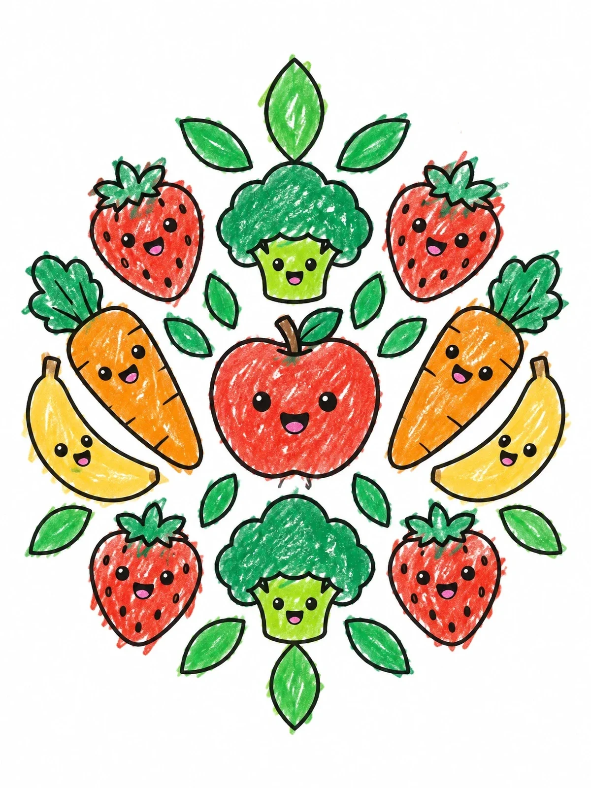 Colored example of the Cute Cartoon Fruits And Veggies coloring page