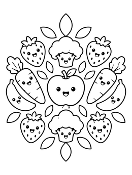 Free printable Cute Cartoon Fruits And Veggies coloring page