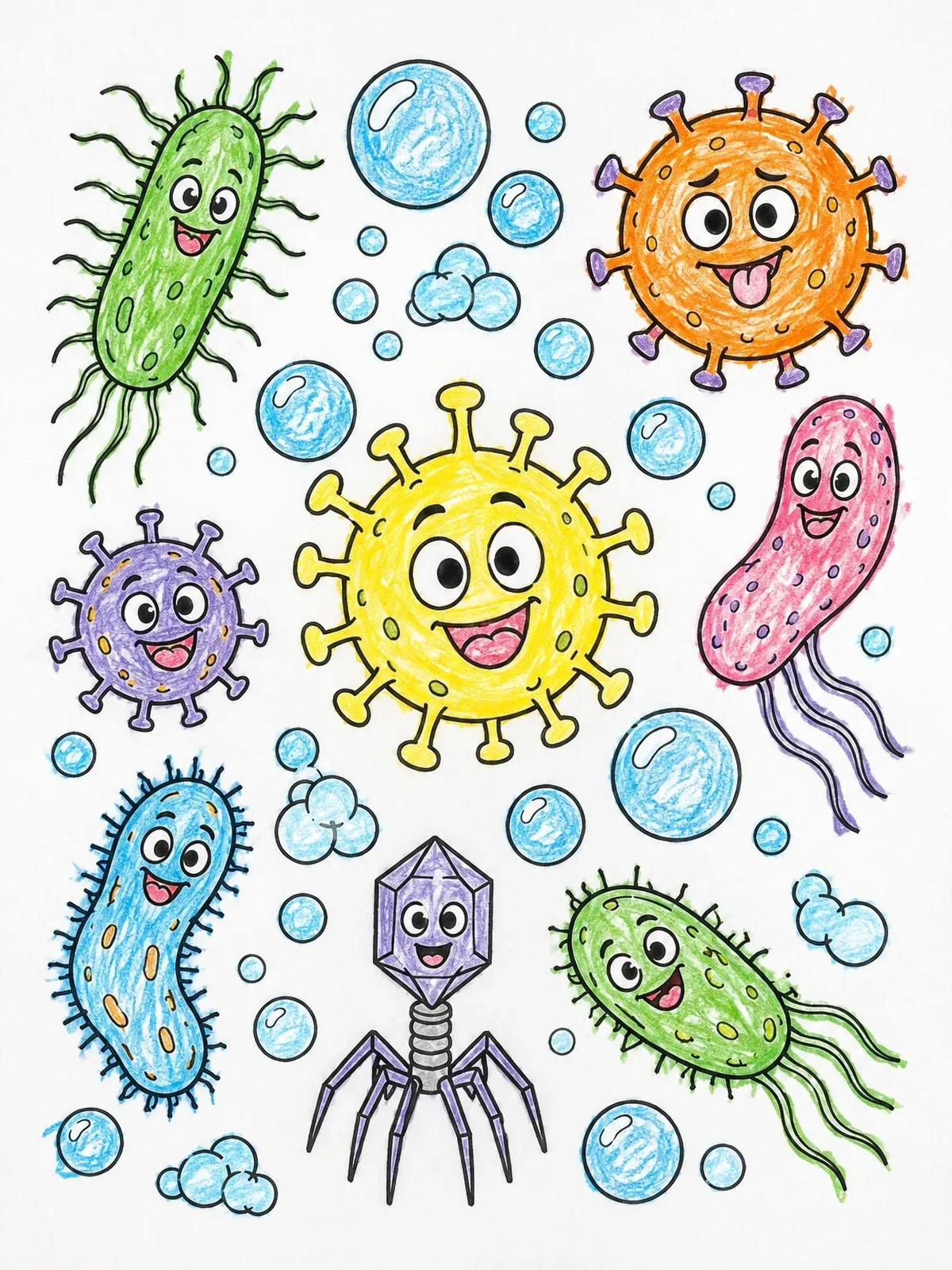 Colored example of the Cute Cartoon Germs And Bubbles coloring page