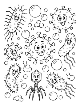 A playful germ coloring page featuring smiling cartoon microbes floating among soap bubbles.