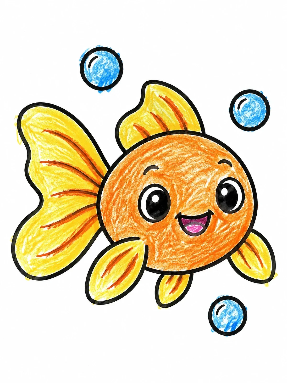 Colored example of the Cute Cartoon Goldfish With Bubbles coloring page