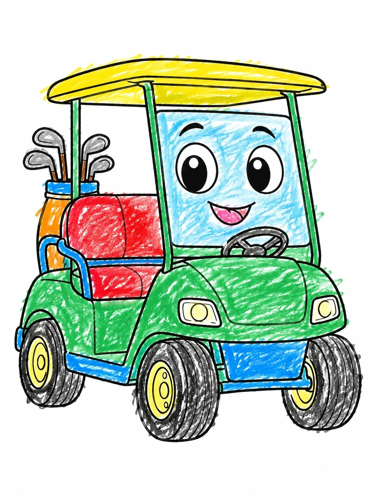 Colored example of the Cute Cartoon Golf Cart With Friendly Face coloring page