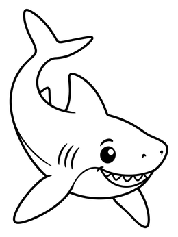 A friendly baby shark coloring page with clear outlines and a happy smile.