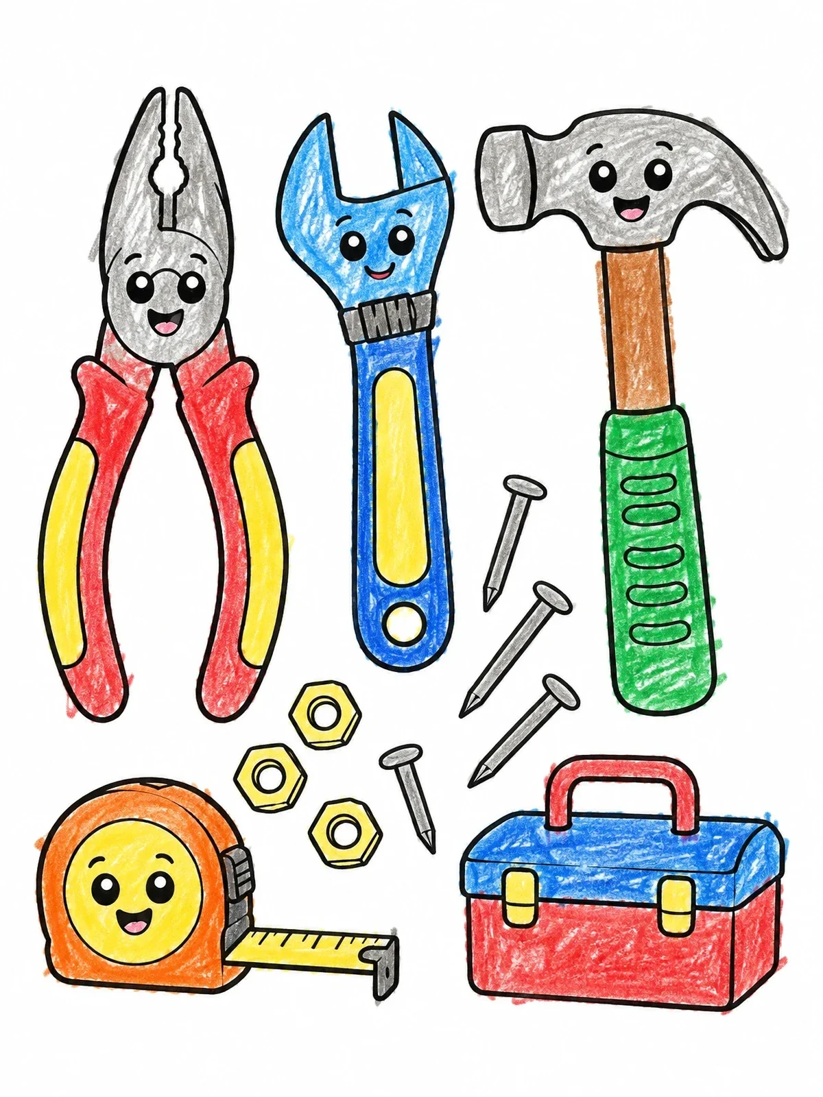 Colored example of the Cute Cartoon Hand Tools Set coloring page