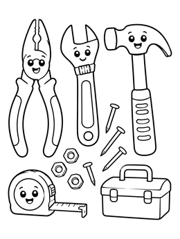 Free printable Cute Cartoon Hand Tools Set coloring page