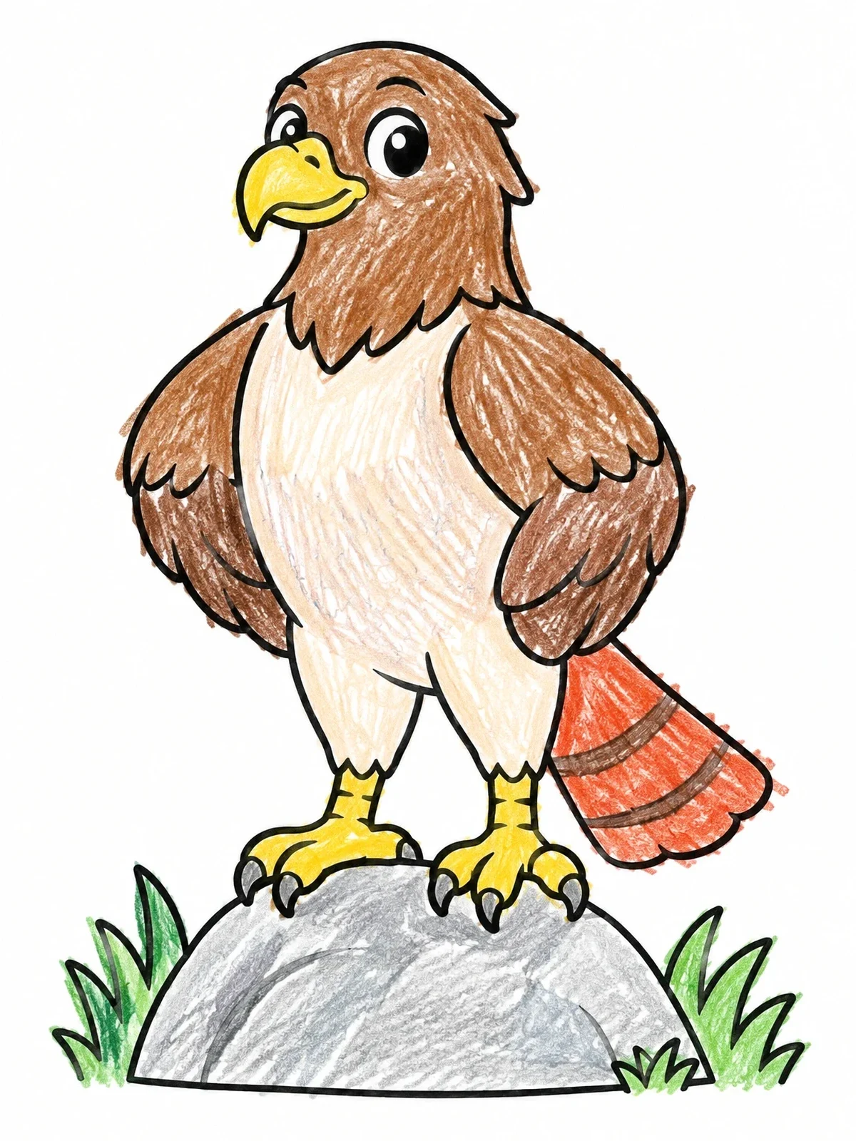 Colored example of the Cute Cartoon Hawk On A Rock coloring page
