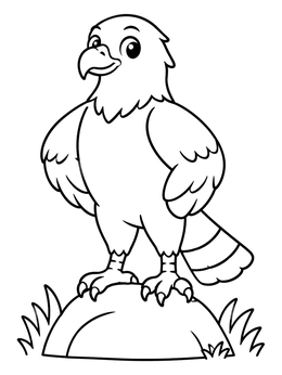 A friendly cartoon hawk coloring page standing proudly on a rounded boulder.
