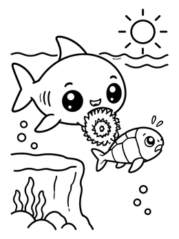 Free printable Cute Cartoon Helicoprion And Little Fish coloring page