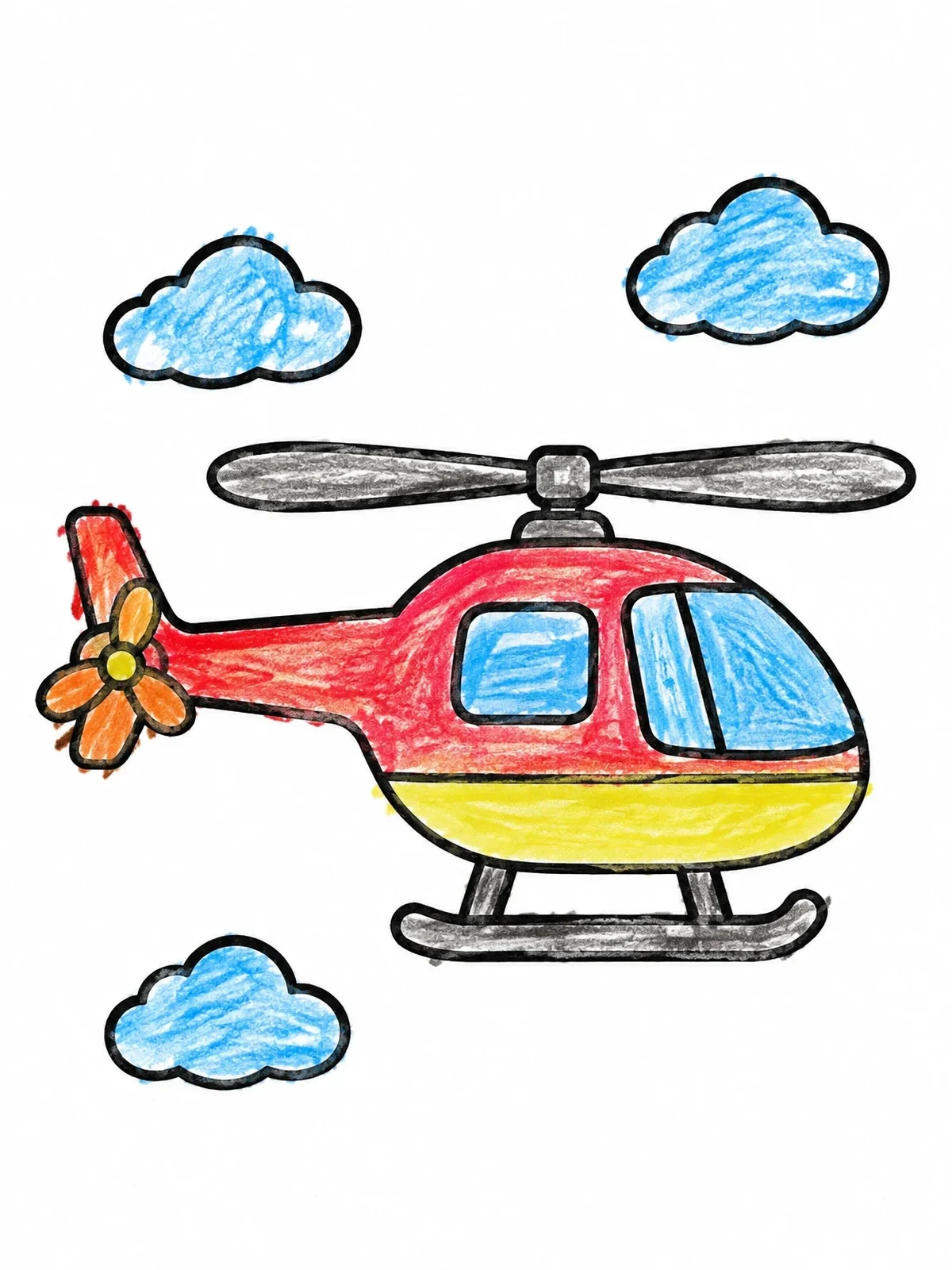 Colored example of the Cute Cartoon Helicopter In Sky coloring page