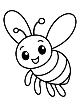 A cheerful bee coloring page showing a friendly cartoon bumblebee in flight.
