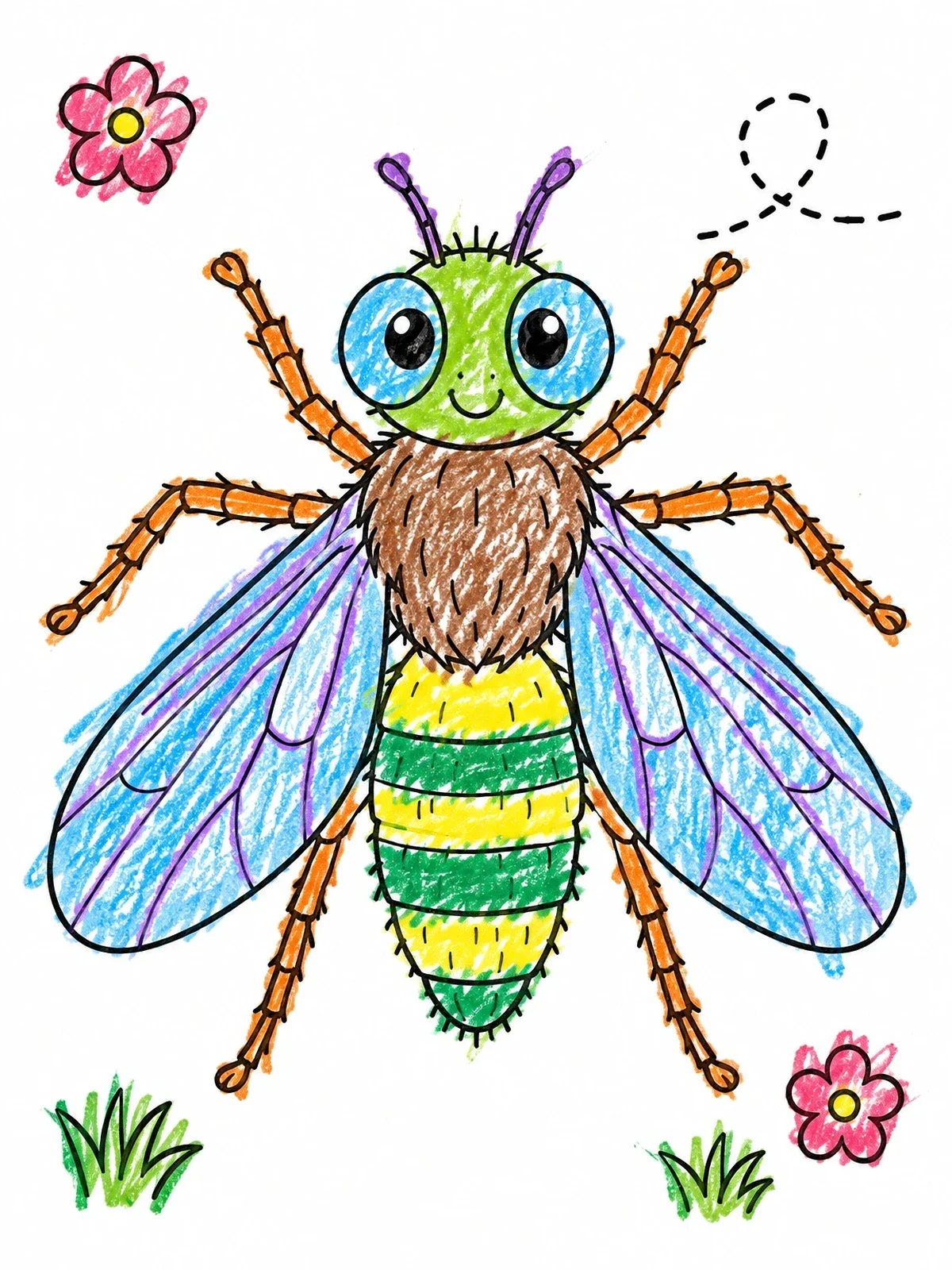 Colored example of the Cute Cartoon Housefly With Flowers coloring page