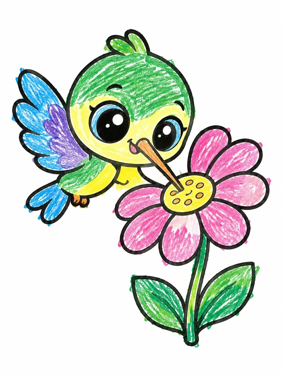 Colored example of the Cute Cartoon Hummingbird And Daisy coloring page