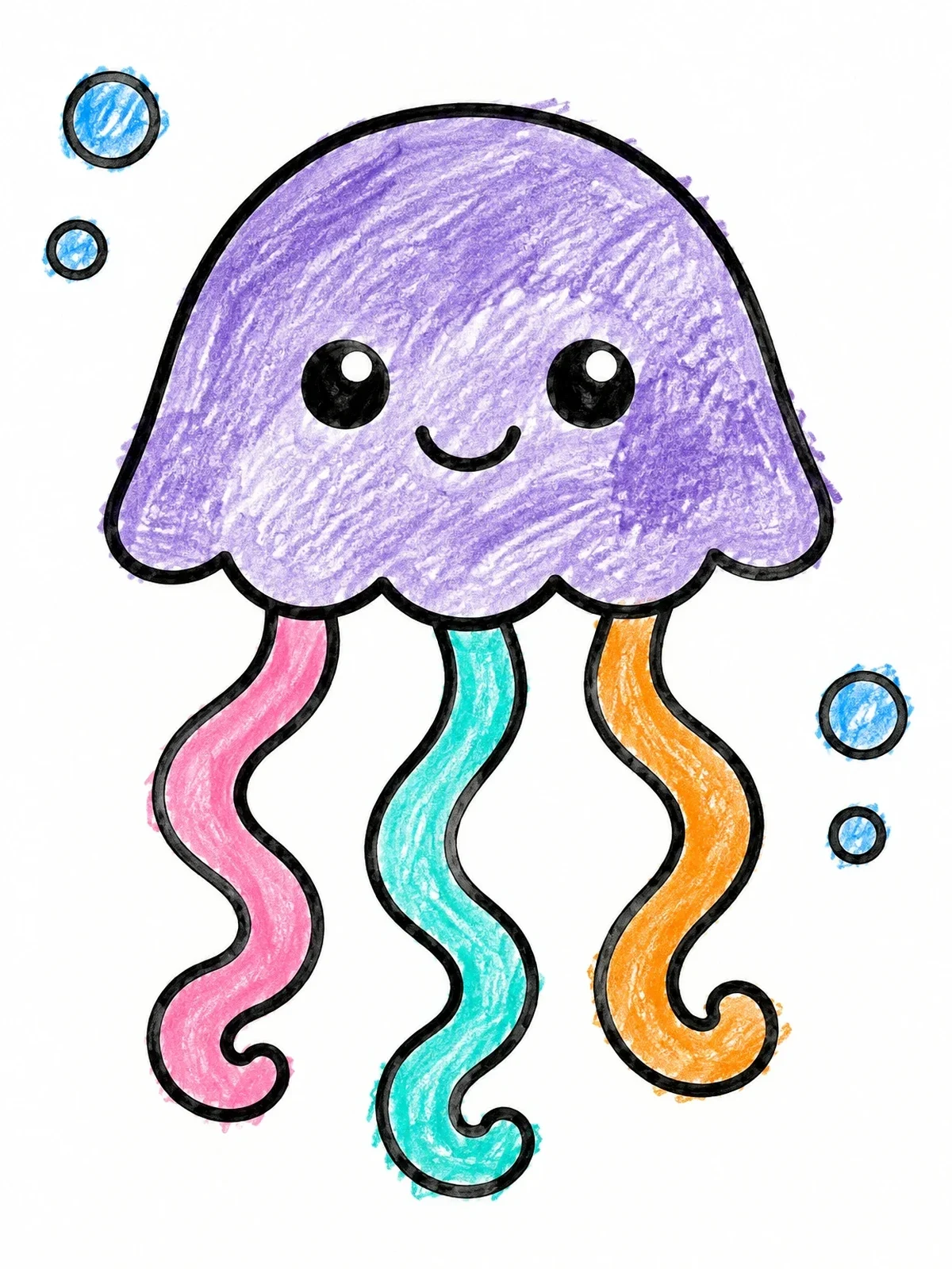 Colored example of the Cute Cartoon Jellyfish With Bubbles coloring page