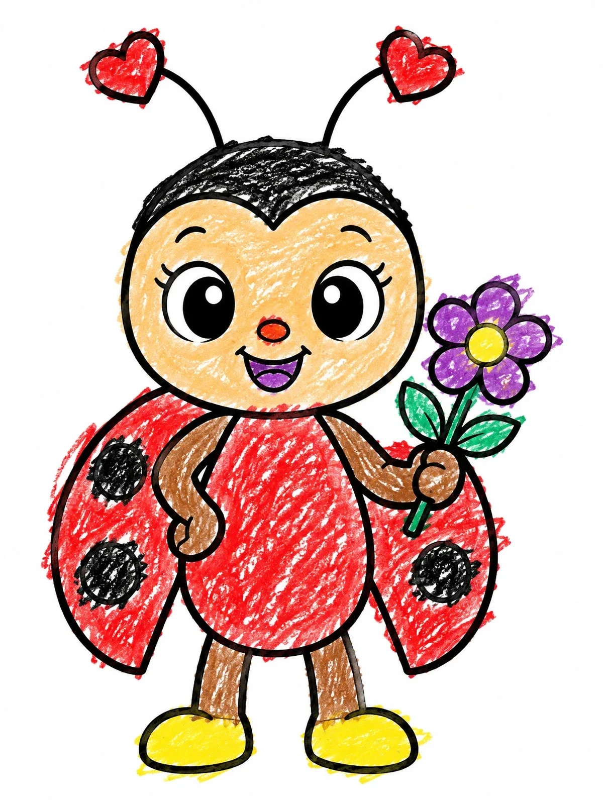 Colored example of the Cute Cartoon Ladybug Holding Flower coloring page