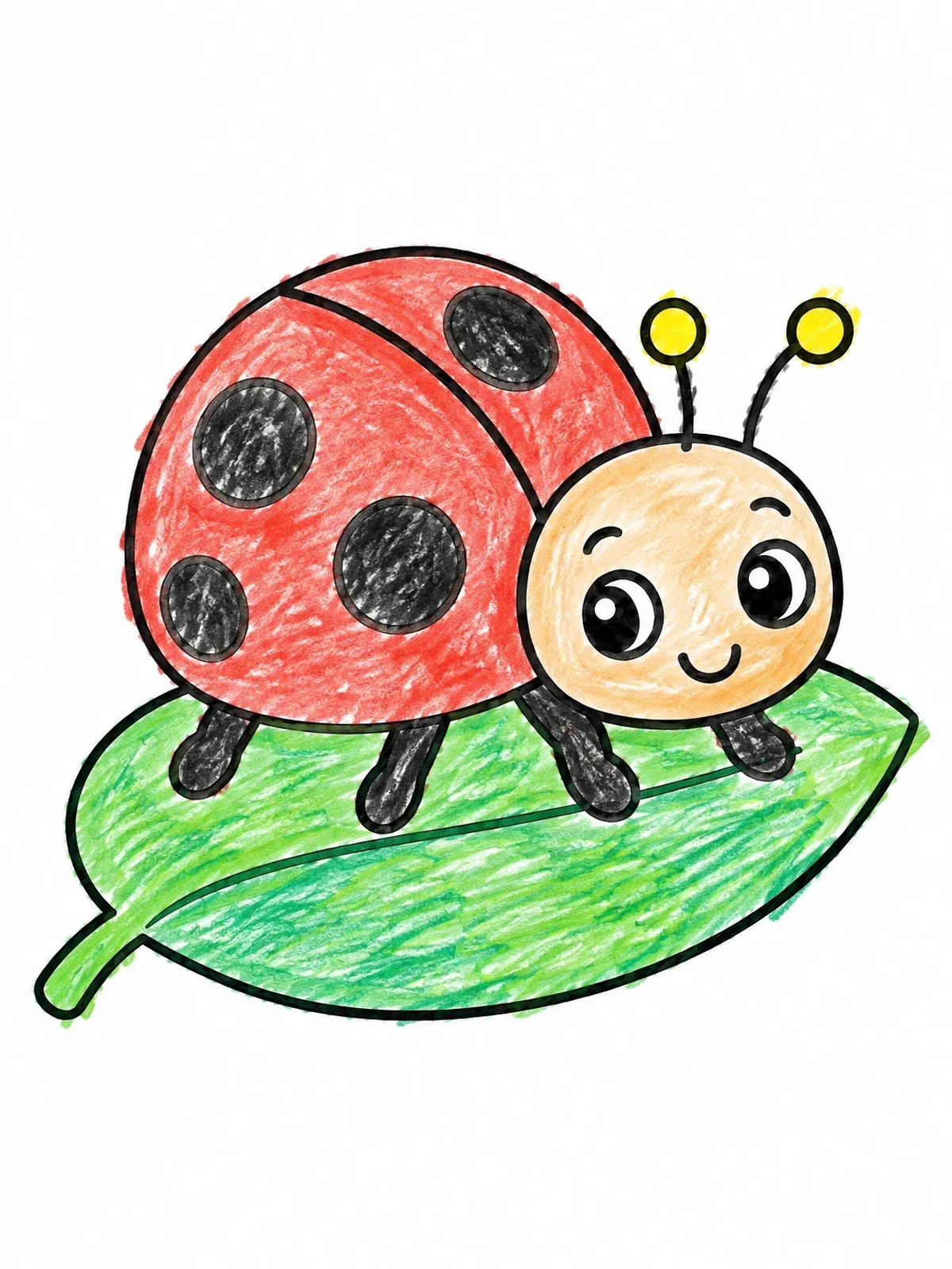 Colored example of the Cute Cartoon Ladybug On A Leaf coloring page