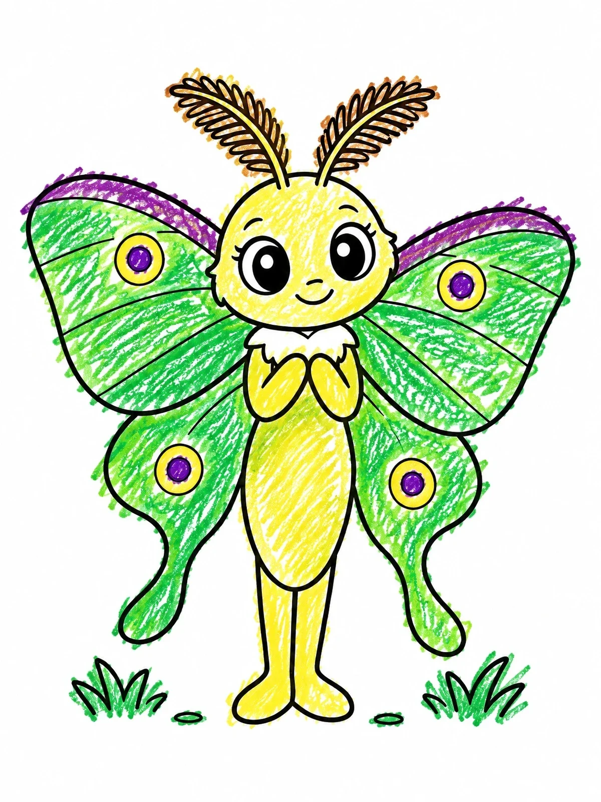 Colored example of the Cute Cartoon Luna Moth Character coloring page