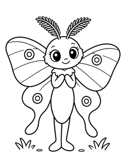 A cheerful moth coloring page with big eyes and feathery antennae.