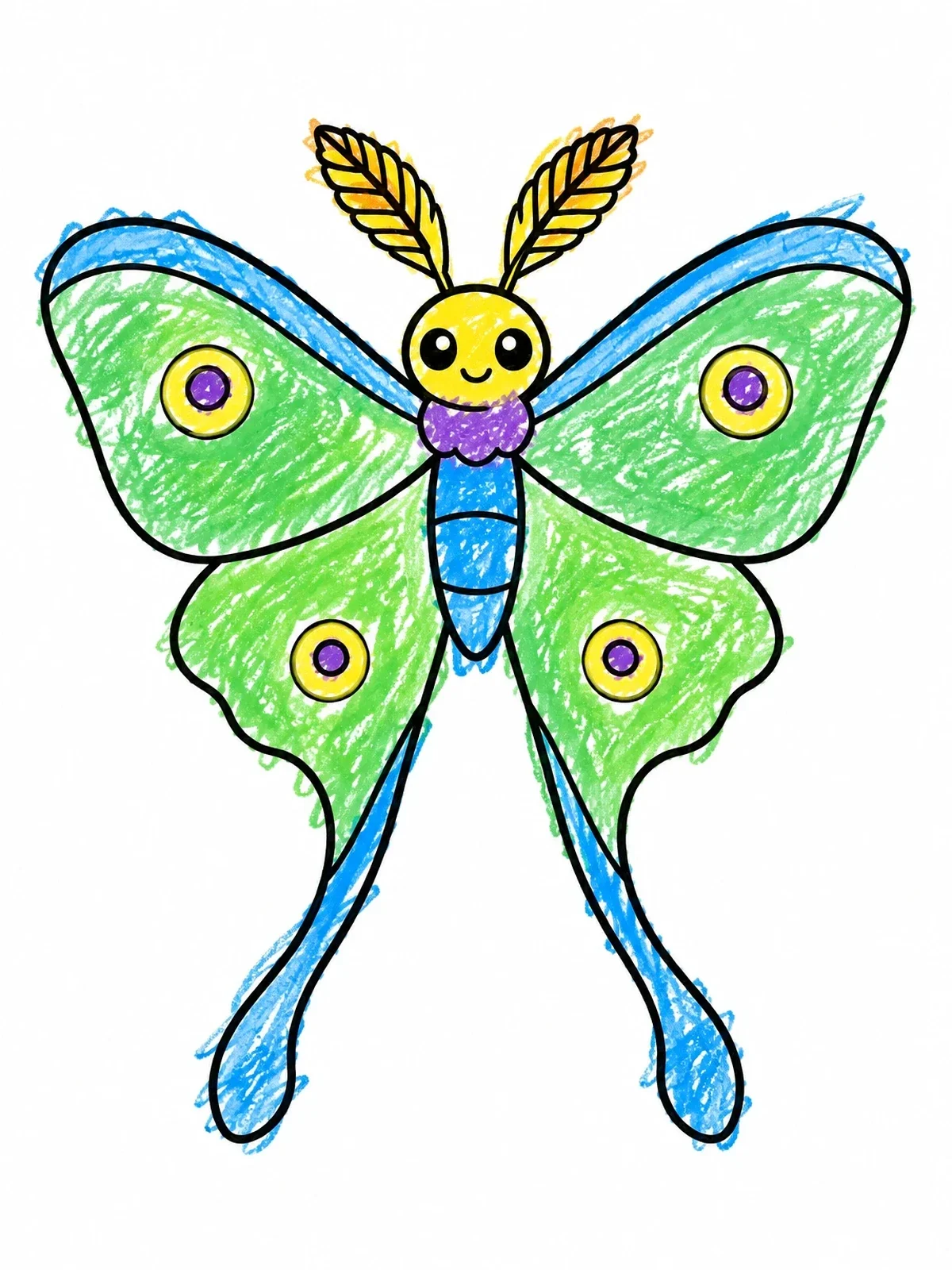 Colored example of the Cute Cartoon Luna Moth coloring page