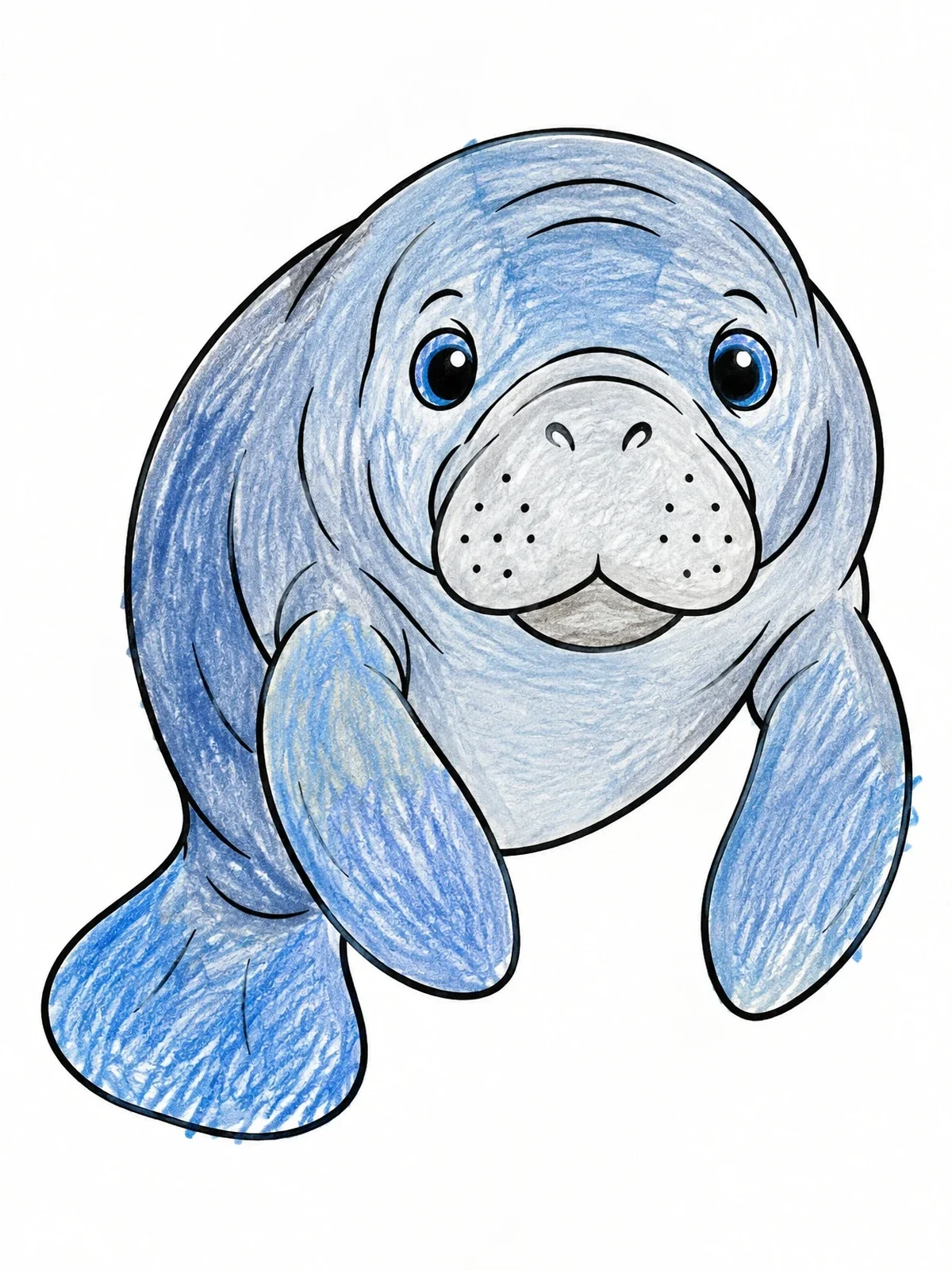 Colored example of the Cute Cartoon Manatee Swimming Forward coloring page