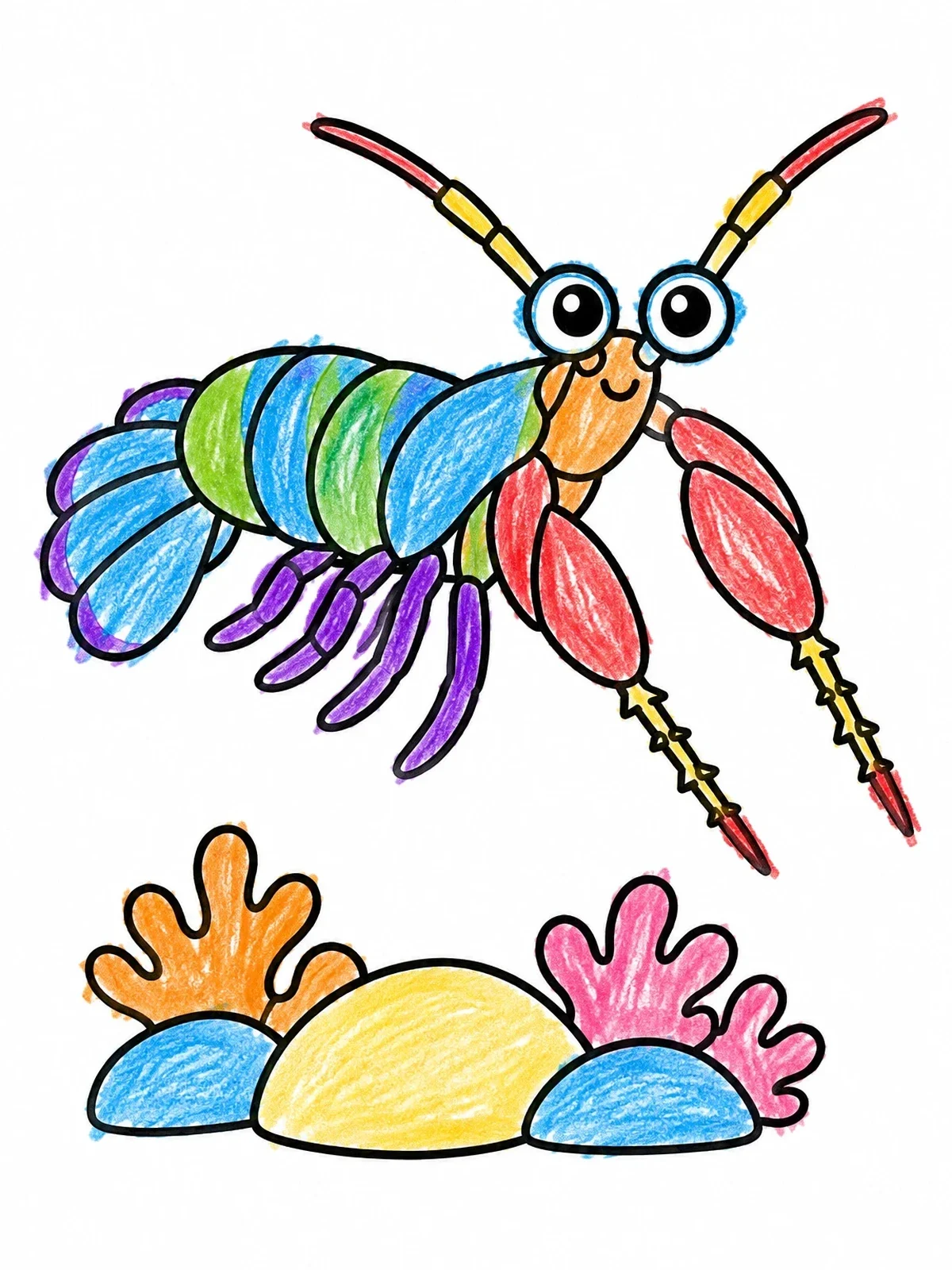 Colored example of the Cute Cartoon Mantis Shrimp Swimming coloring page