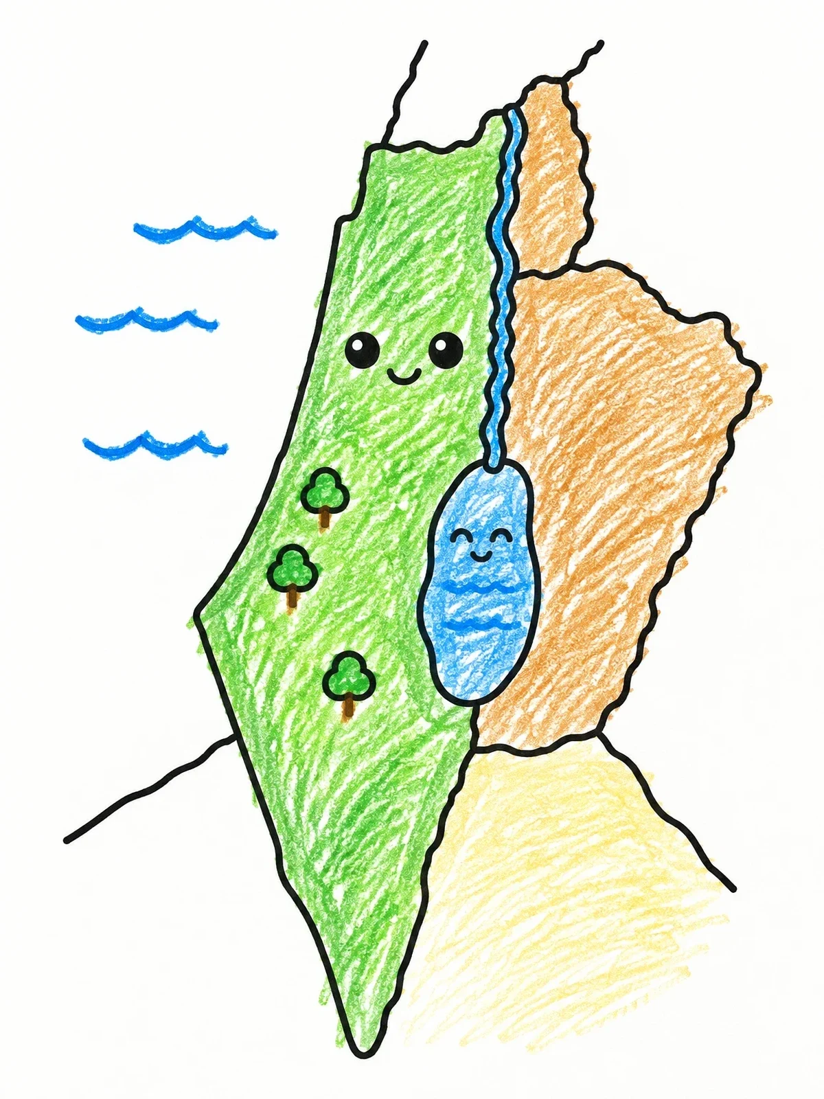 Colored example of the Cute Cartoon Map Of Israel coloring page