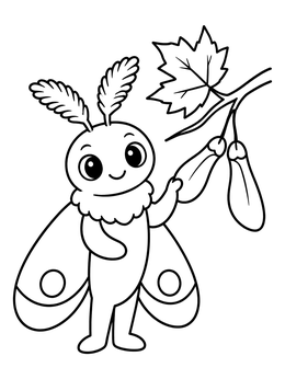 A cheerful cartoon moth standing near maple seed pods on this moth coloring page.