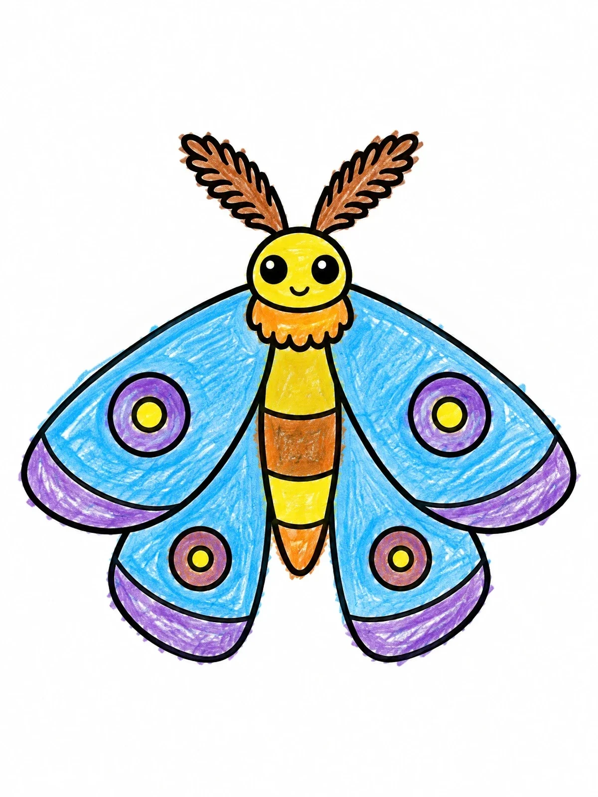 Colored example of the Cute Cartoon Moth With Feathered Antennae coloring page