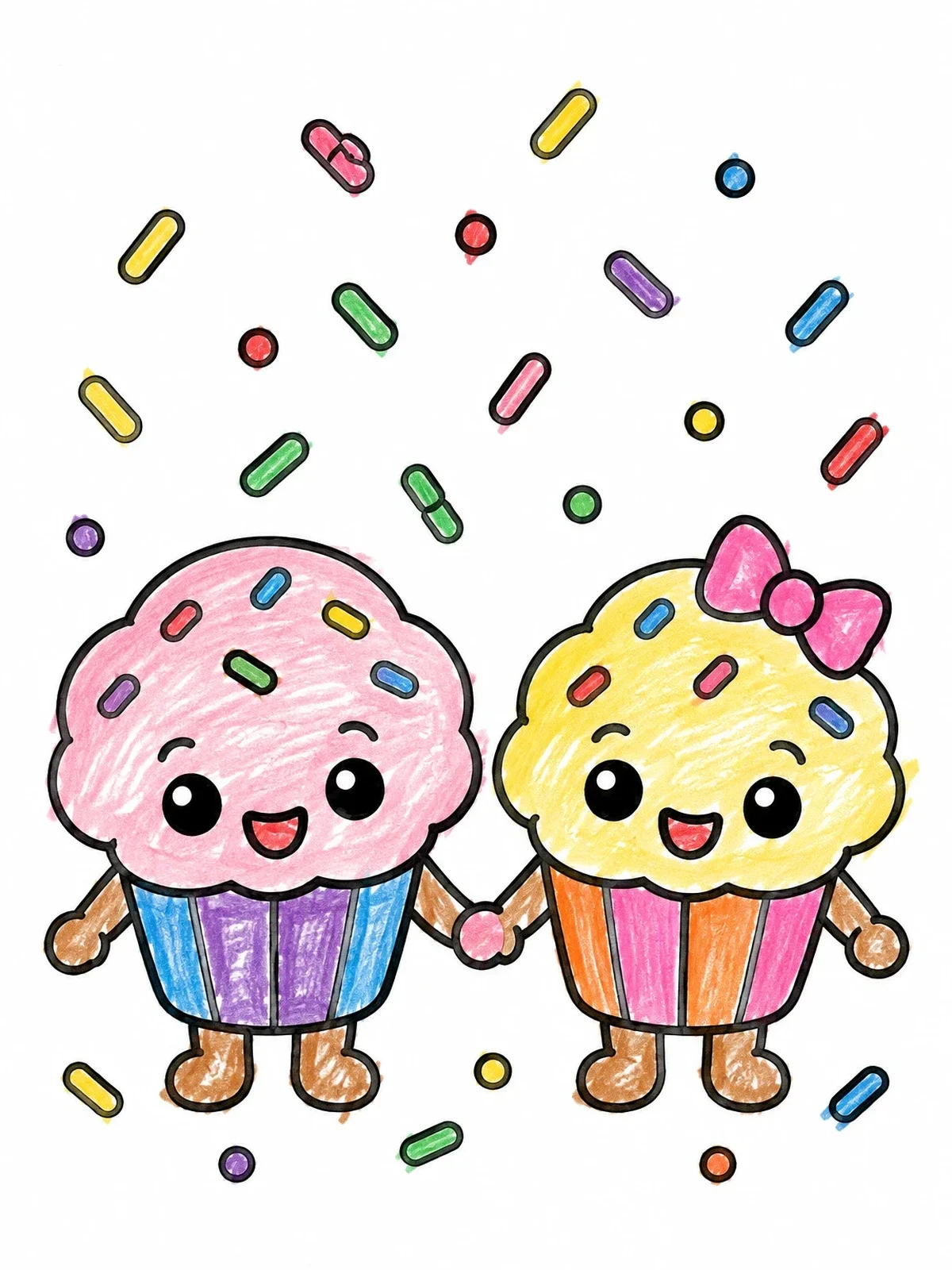 Colored example of the Cute Cartoon Muffins Holding Hands coloring page