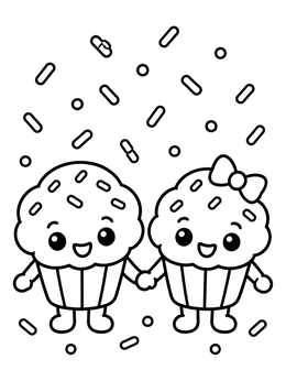 Free printable Cute Cartoon Muffins Holding Hands coloring page