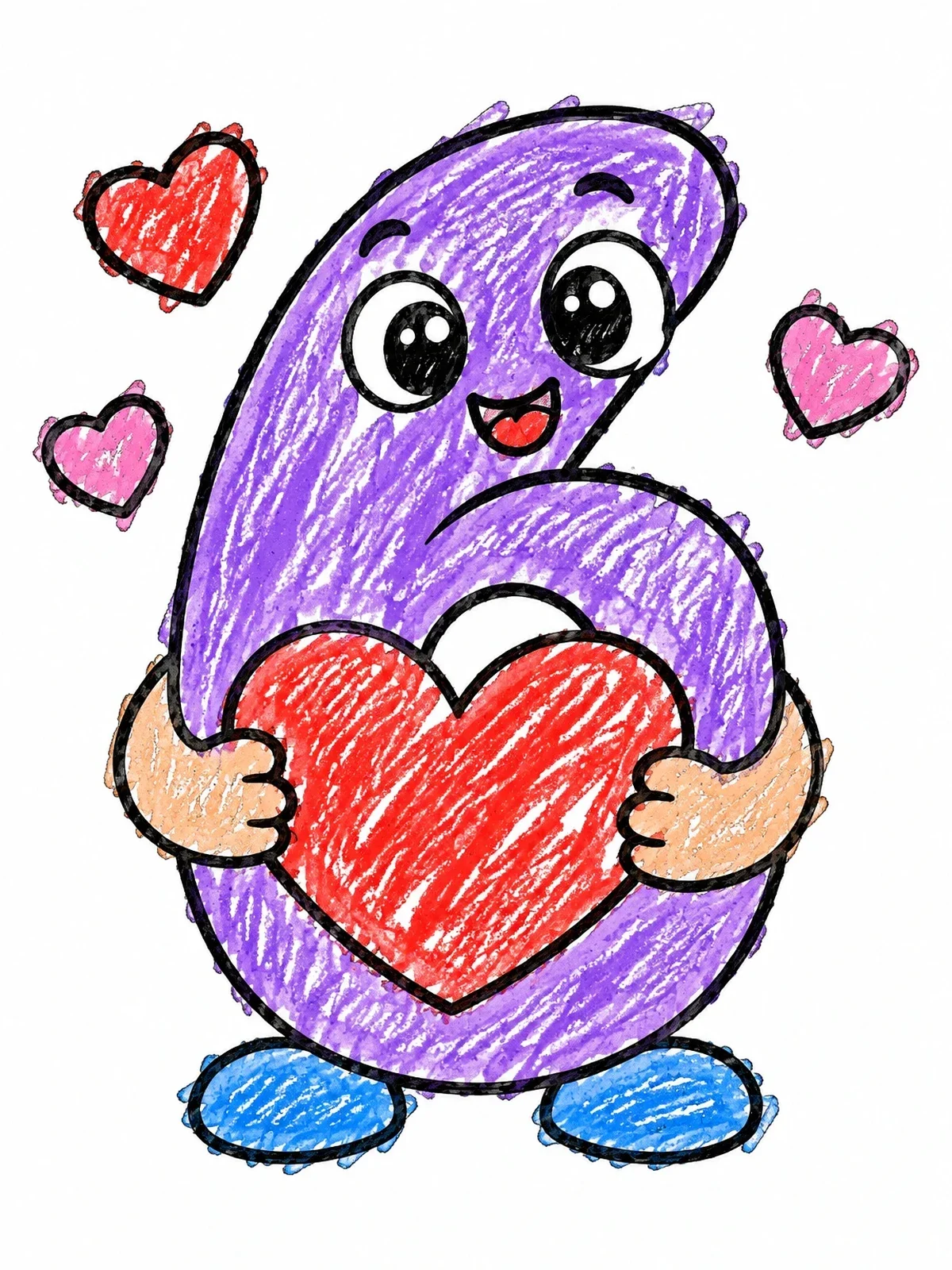 Colored example of the Cute Cartoon Number Six With Hearts coloring page