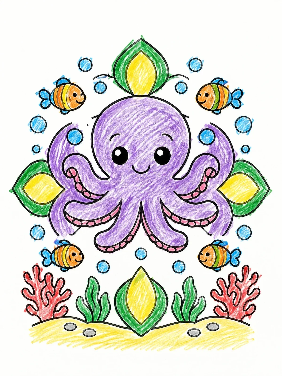 Colored example of the Cute Cartoon Octopus Underwater coloring page