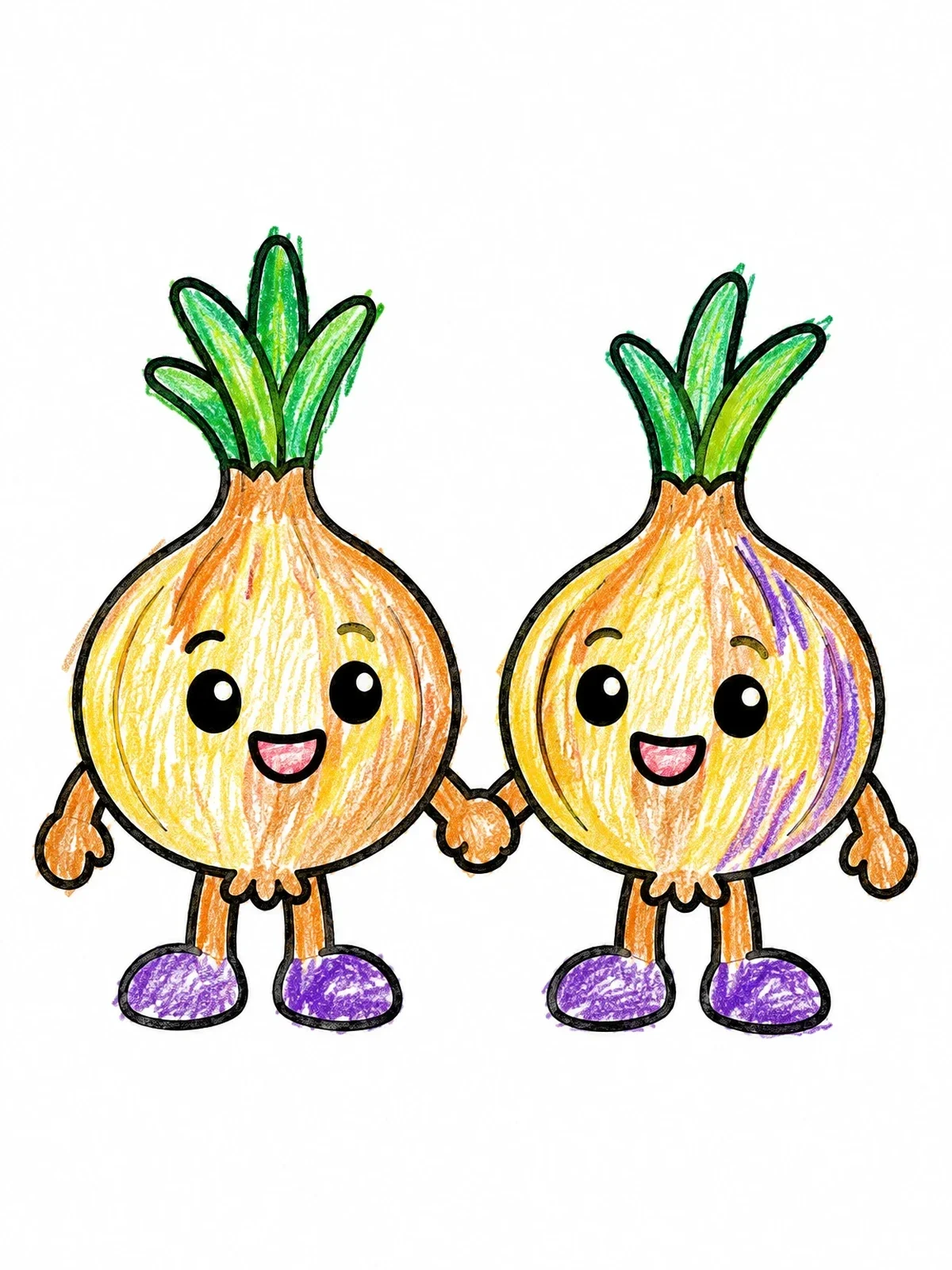 Colored example of the Two Happy Cartoon Onions Holding Hands coloring page