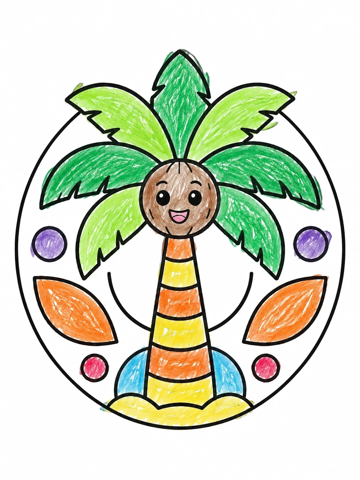 Colored example of the Cute Cartoon Palm Tree In An Oval Frame coloring page