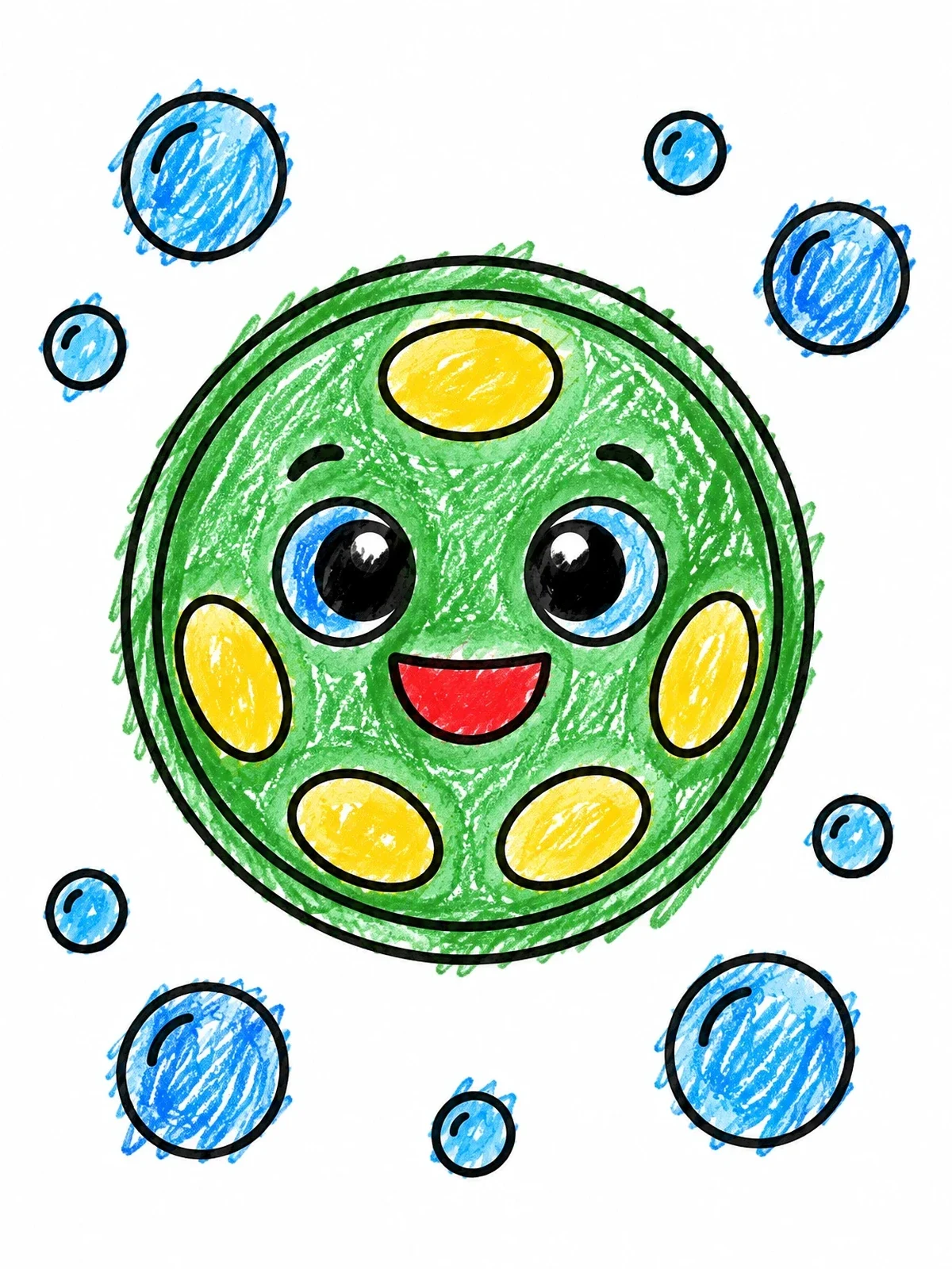 Colored example of the Cute Cartoon Phytoplankton Cell With Bubbles coloring page