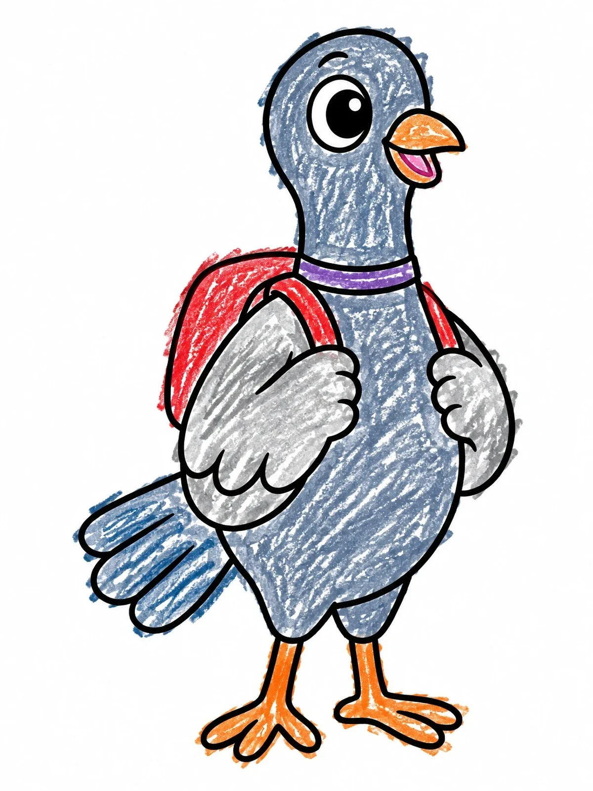 Colored example of the Cute Cartoon Pigeon With Backpack coloring page