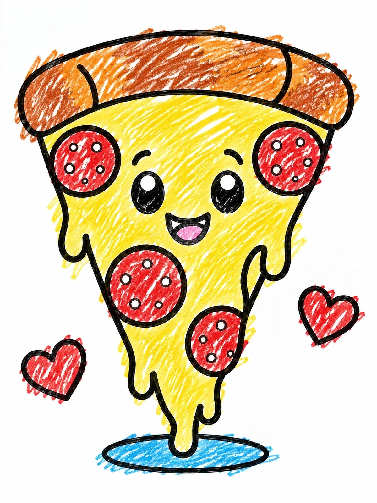 Colored example of the Cute Cartoon Pizza Slice With Hearts coloring page