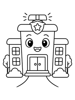 A friendly cartoon police station building smiles on this police coloring page.