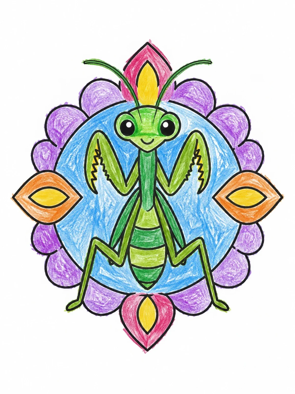 Colored example of the Cute Cartoon Praying Mantis coloring page