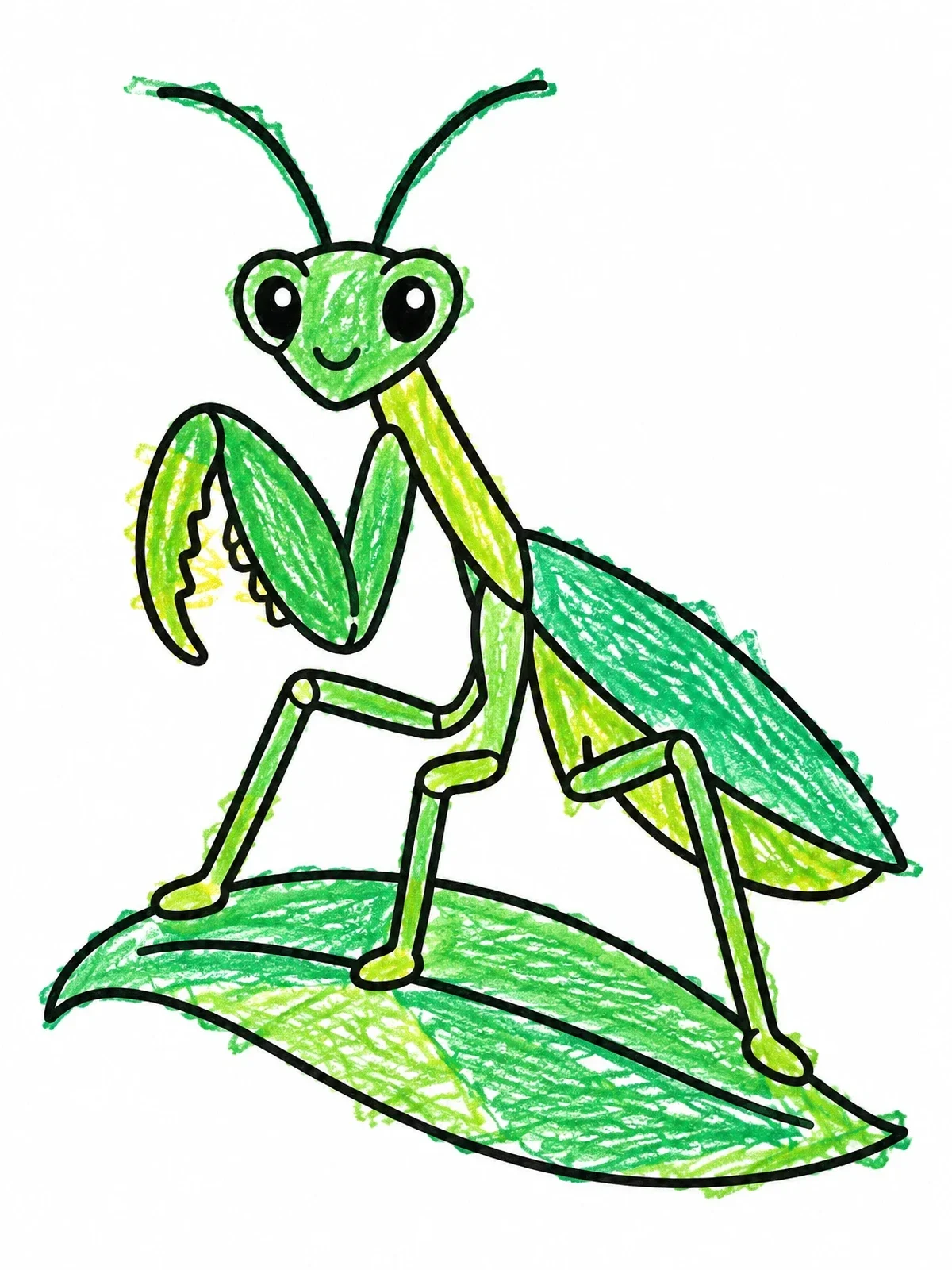 Colored example of the Cute Cartoon Praying Mantis On Leaf coloring page