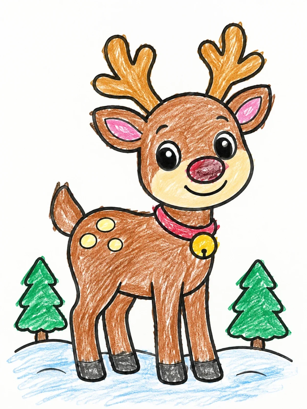 Colored example of the Cute Cartoon Reindeer In The Snow coloring page