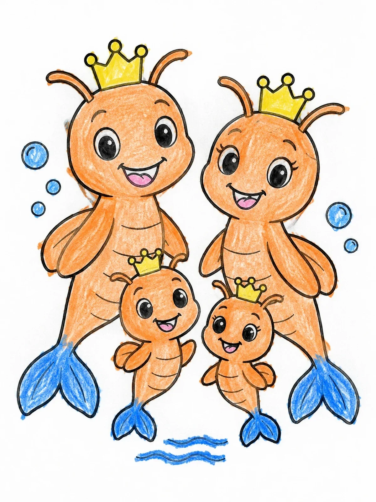 Colored example of the Cute Cartoon Sea Monkey Family coloring page