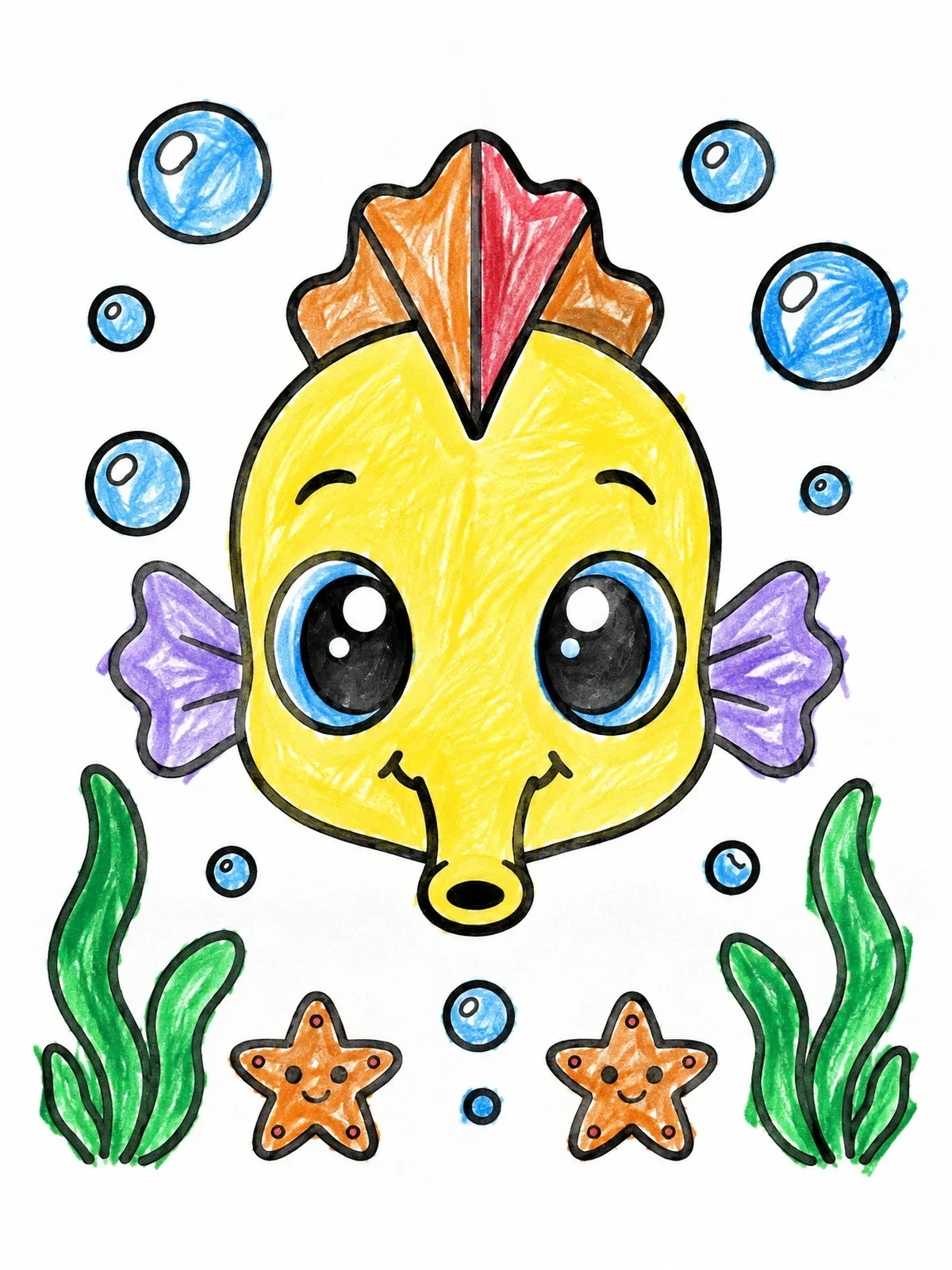 Colored example of the Cute Cartoon Seahorse With Starfish coloring page