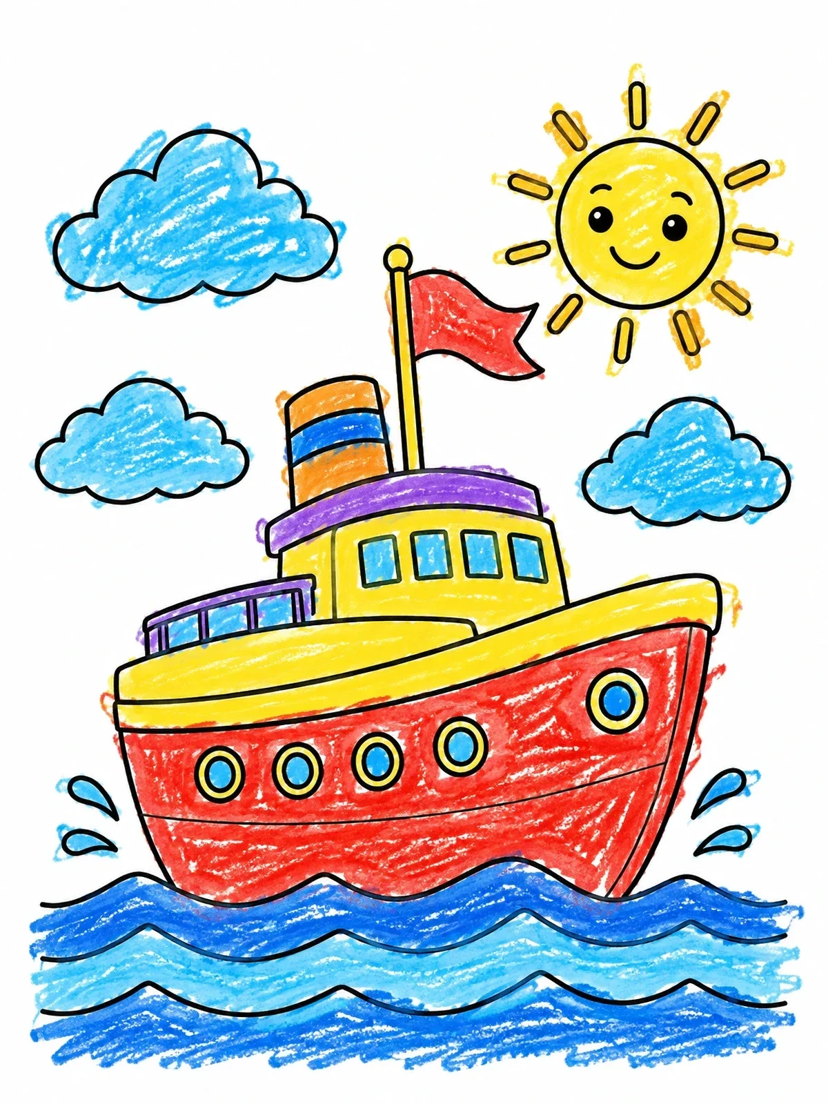 Colored example of the Cute Cartoon Ship On Gentle Waves coloring page