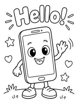 Free printable Cute Cartoon Smartphone Saying Hello coloring page