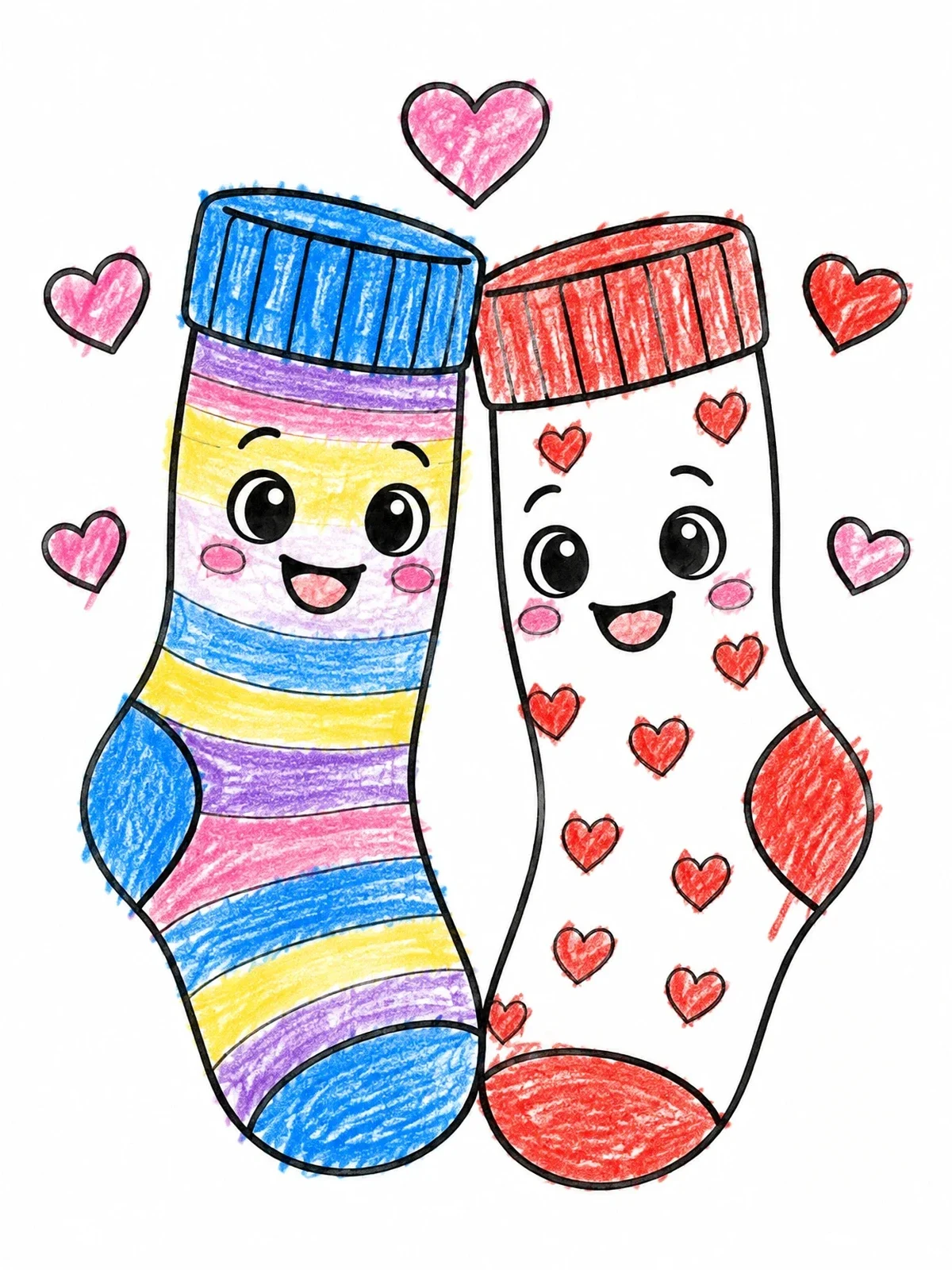 Colored example of the Cute Cartoon Smiling Socks With Hearts coloring page