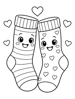 A cheerful pair of cartoon characters on a cute socks coloring page with floating hearts.