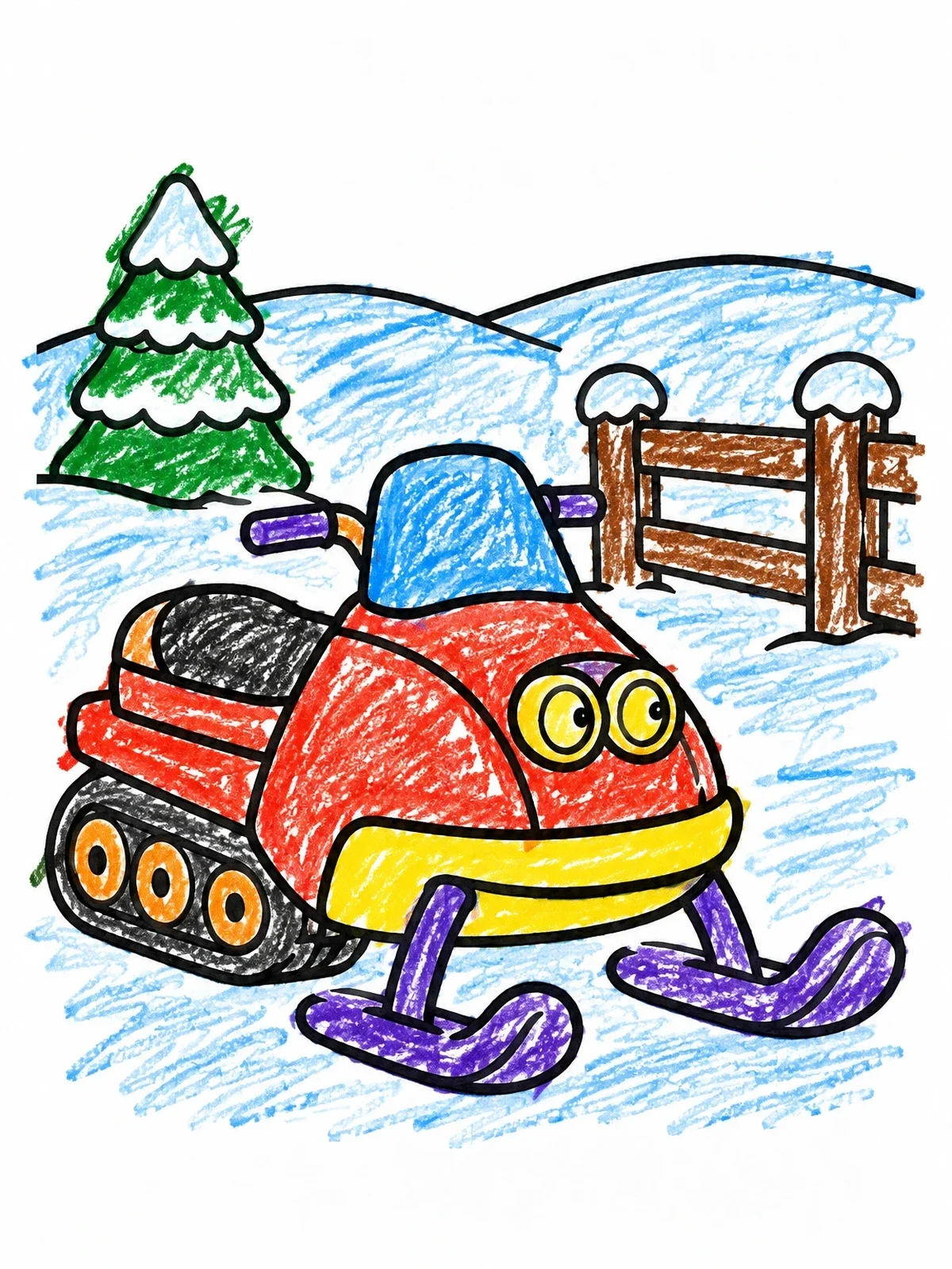 Colored example of the Cute Cartoon Snowmobile In Winter coloring page