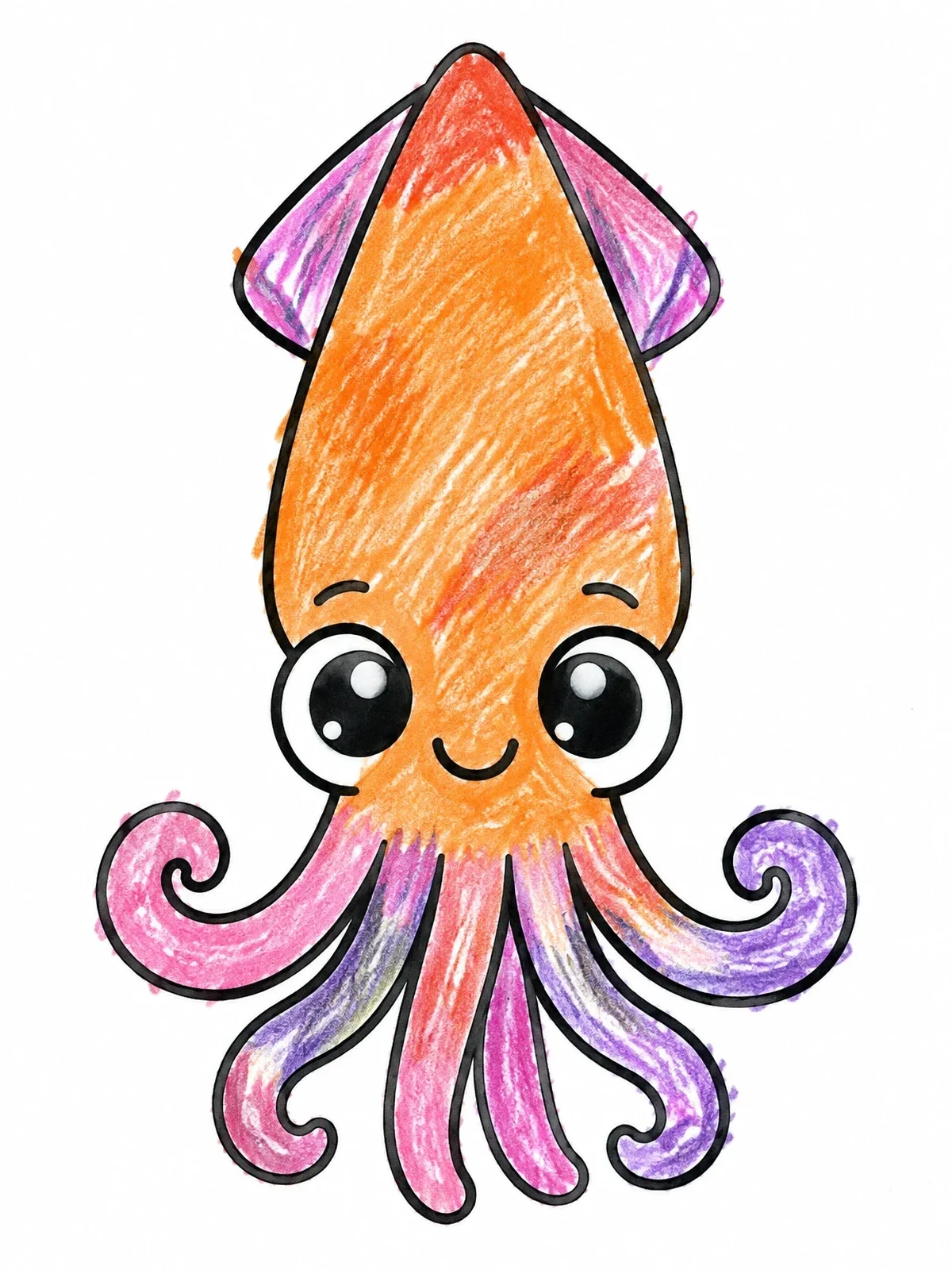 Colored example of the Cute Cartoon Squid With Curled Tentacles coloring page