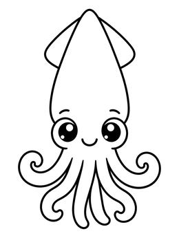 Free printable Cute Cartoon Squid With Curled Tentacles coloring page