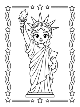 A cute cartoon statue of liberty coloring page framed with decorative stars.